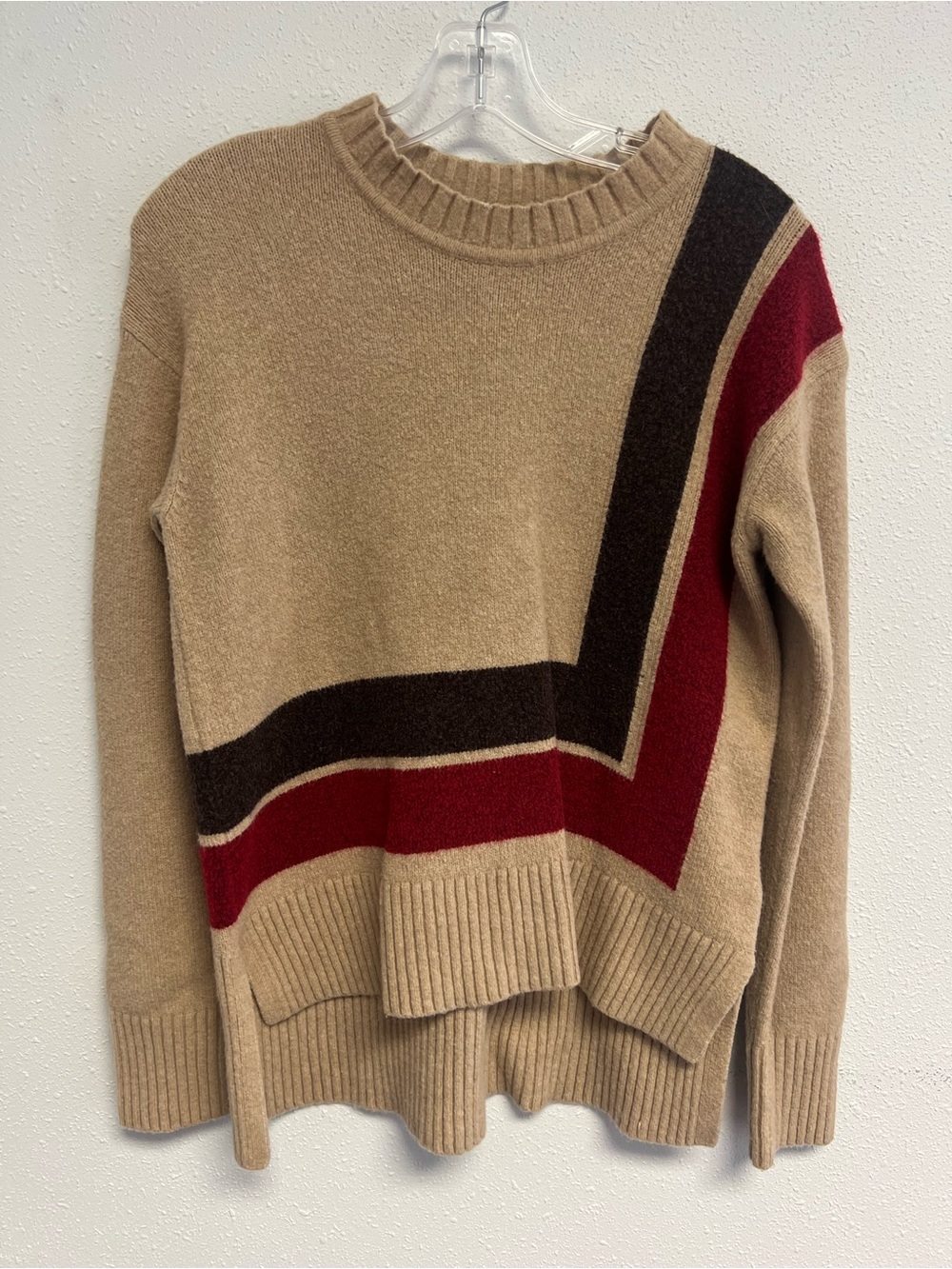 Derek Lam Cream Crewneck Sweater with Red and Dark Brown Stripes